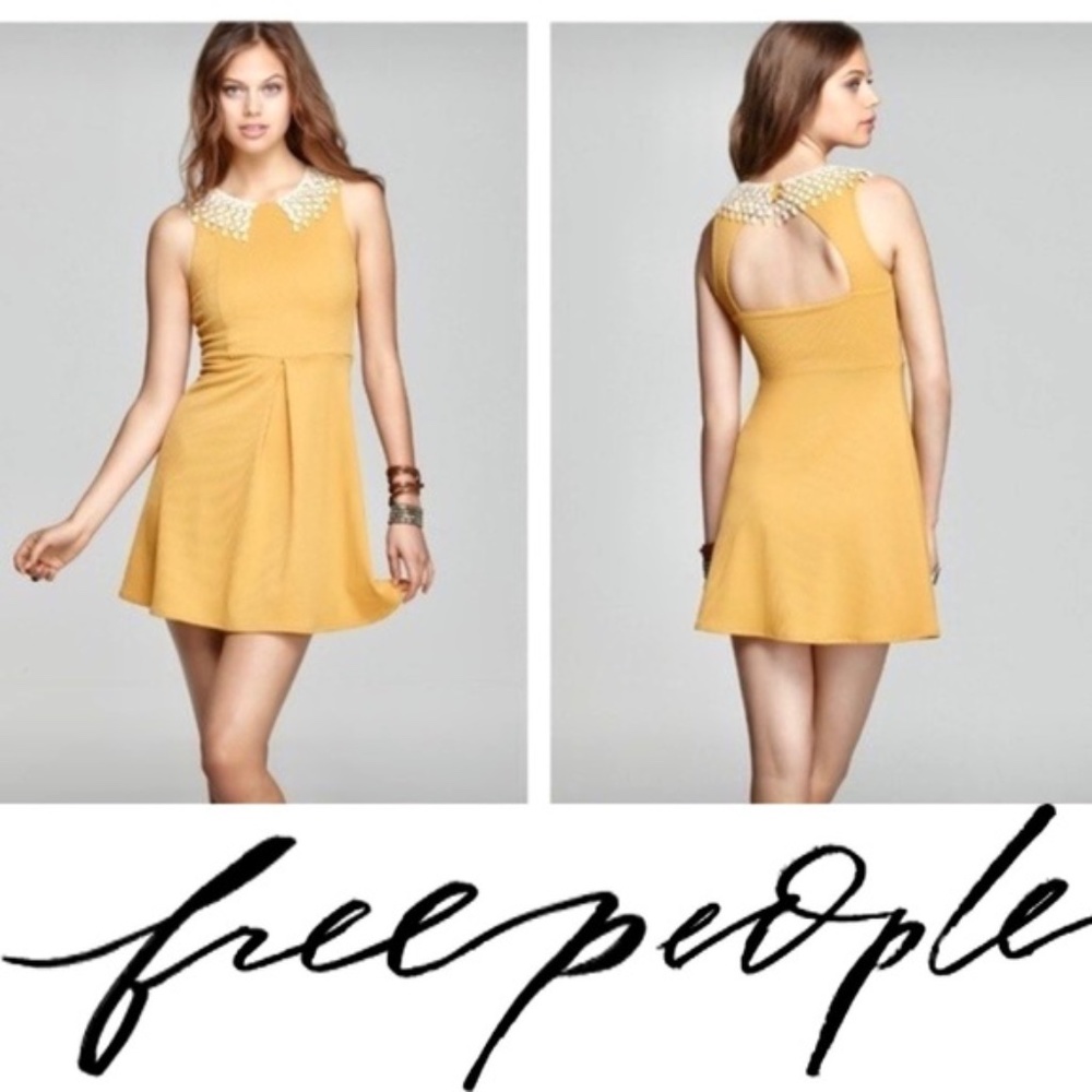 Free People Mustard Dress Crochet Collar Skater S